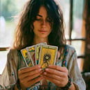 Una chica joven observando las cartas que salieron para el consultante 