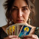 El rostro de una dama con varias láminas de tarot en sus manos