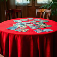 Varias cartas del tarot puestas sobre una mesa redonda y con un mantel rojo