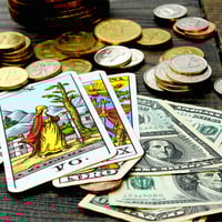 cartas del tarot com billetes y monedas