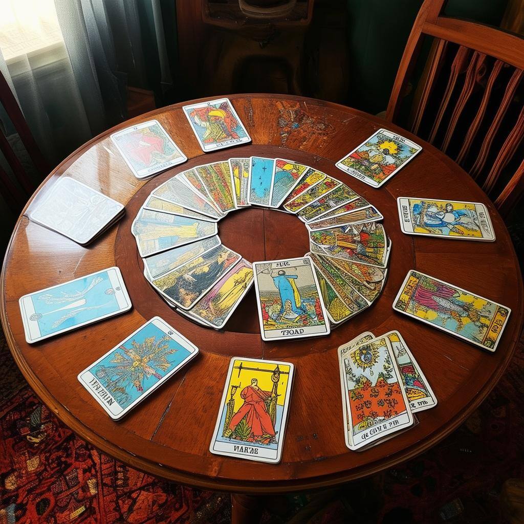 mesa redonda con toda la baraja completa de tarot 