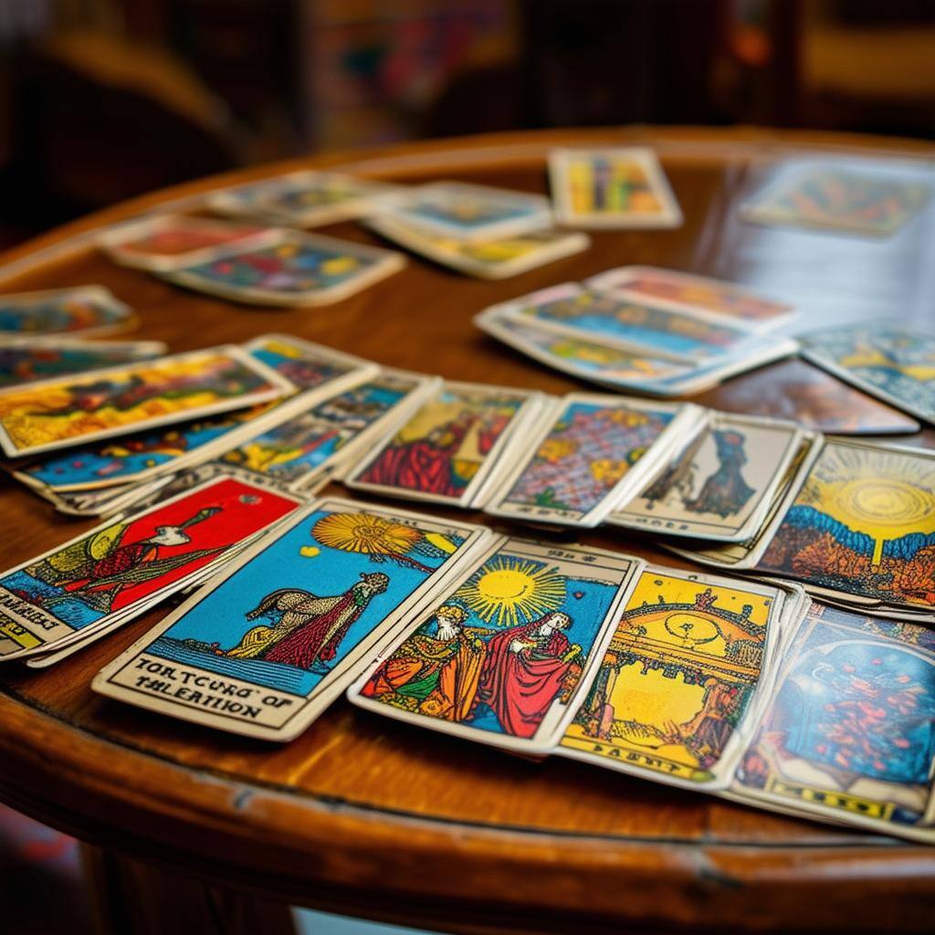 una mesa con todo un mazo de tarot abierto sobre ella