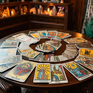 mesa de madera redonda con todas las cartas completas del tarot puestas encima