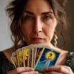 Una persona mayor revelando su interpetacion con las cartas puestas sobre sus manos