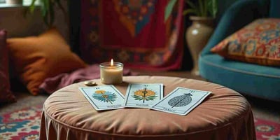 seccion de una lectura en linea con cartas del tarot en una mesa con 3 cartas abiertas