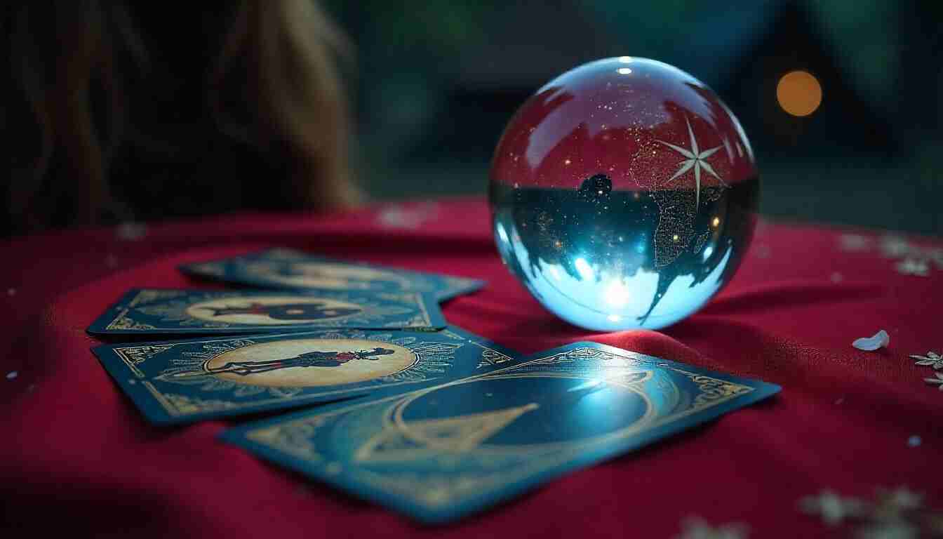 4 cartas del tarot sobre una mesa de lino rojo y una bola de cristal al lado