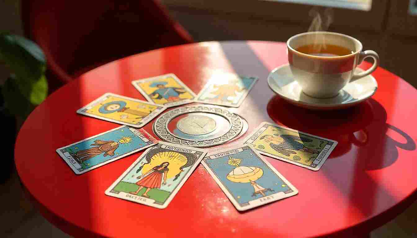 7 cartas abiertas en circulo alrededor de una mesa de madera con una tasa de cafe 7 cartas abiertas en circulo alrededor de una mesa de madera con una tasa de cafe