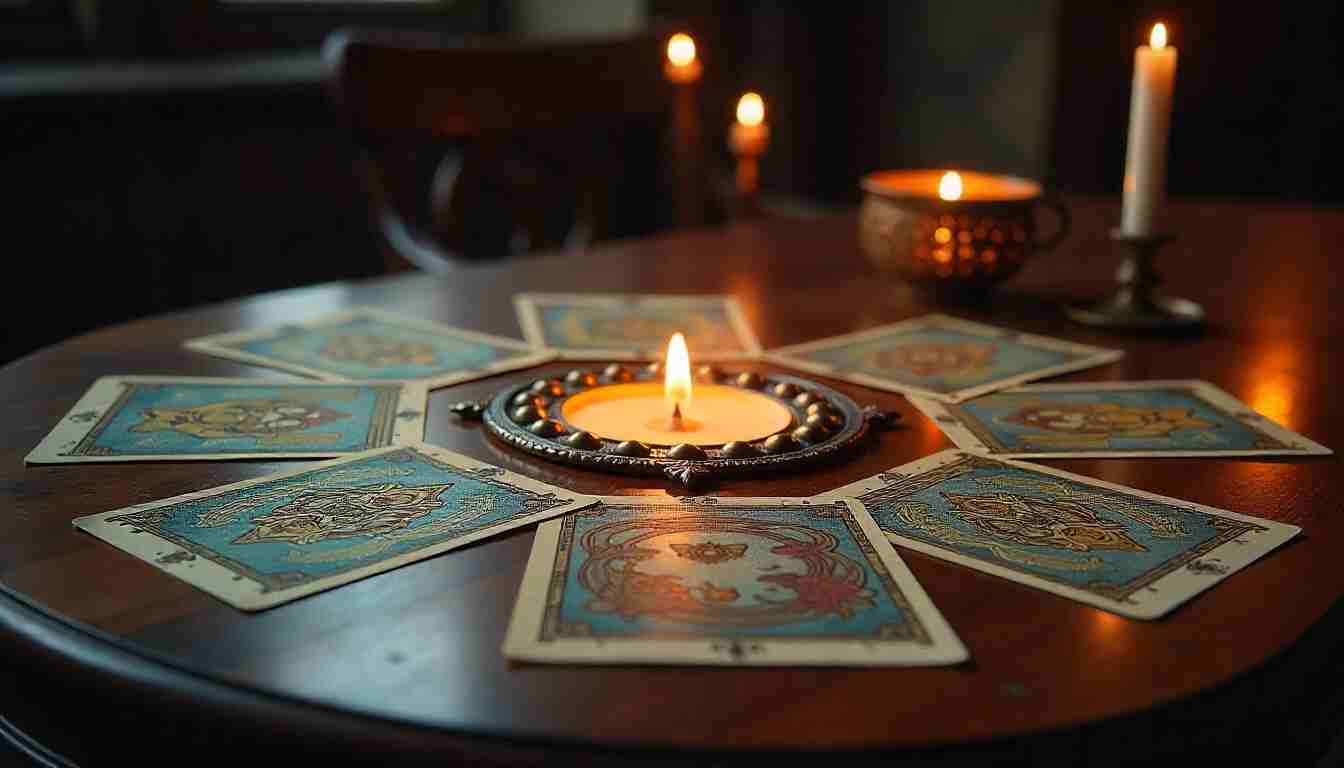 8 cartas del tarot puesta en circulo en mesa de madera con una vela encedida
