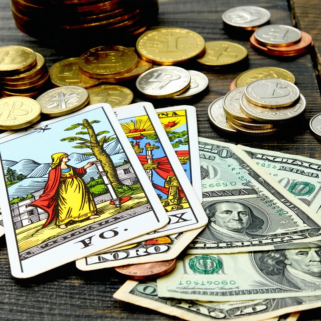 cartas del tarot com billetes y monedas