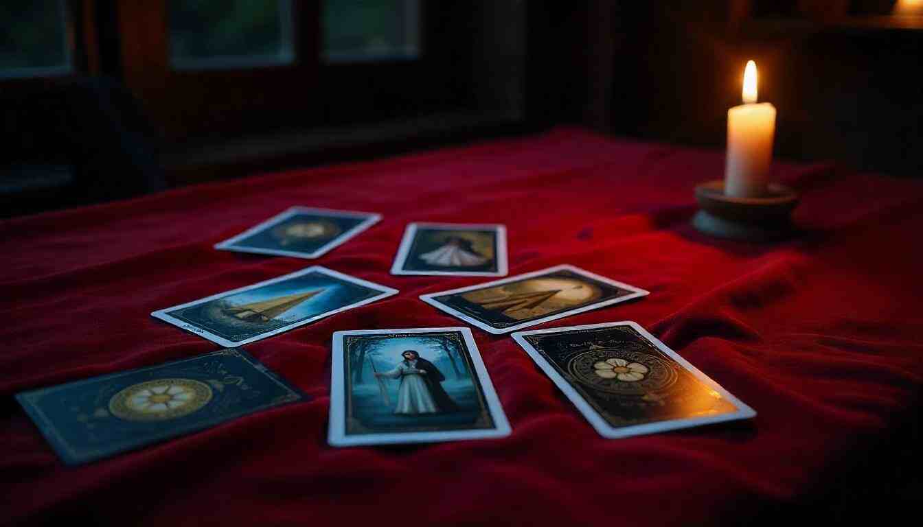 cartas 7 sobre una mesa con mantel rojo y una vela encendida cartas 7 sobre una mesa con mantel rojo y una vela encendida