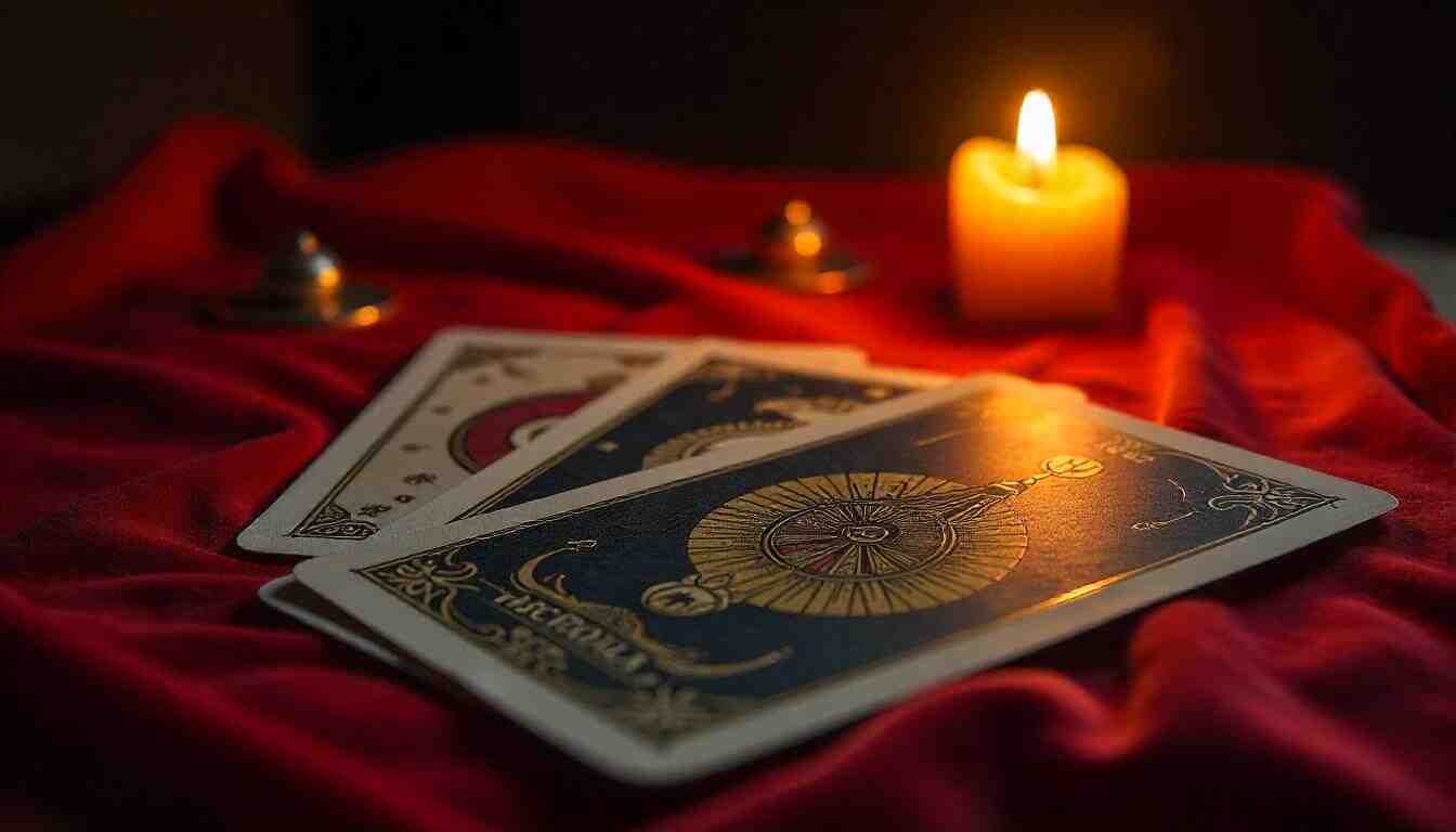 cartas del tarot colocadas sobre una tela arrugada de color rojo cartas del tarot colocadas sobre una tela arrugada de color rojo