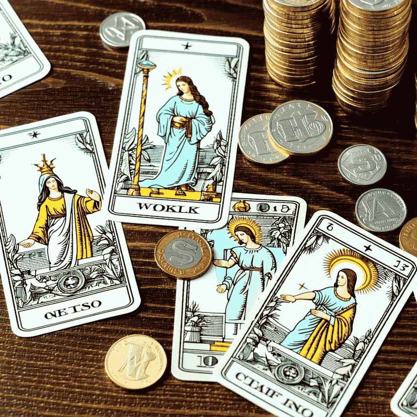 cartas del tarot con billetes y monedas