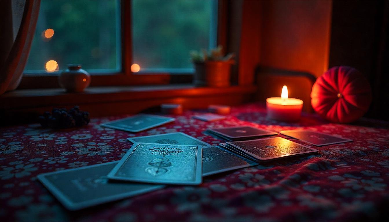 cartas puestas sobre un tapiz con flores de color rojo y una vela encendida al fondo