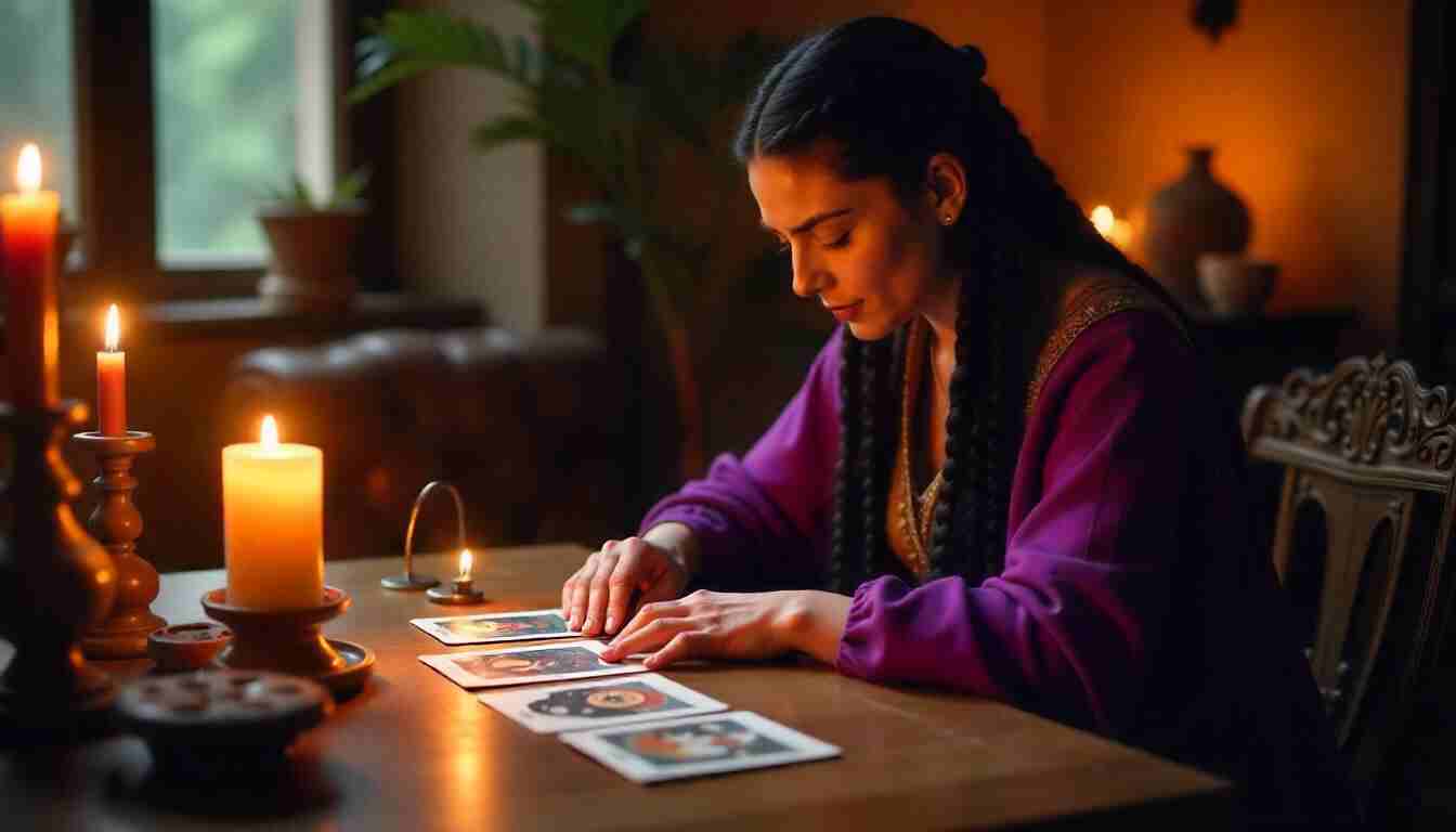 persona realizando seccion de tarot con las manos puestas sobre las cartas y con velas encendidas