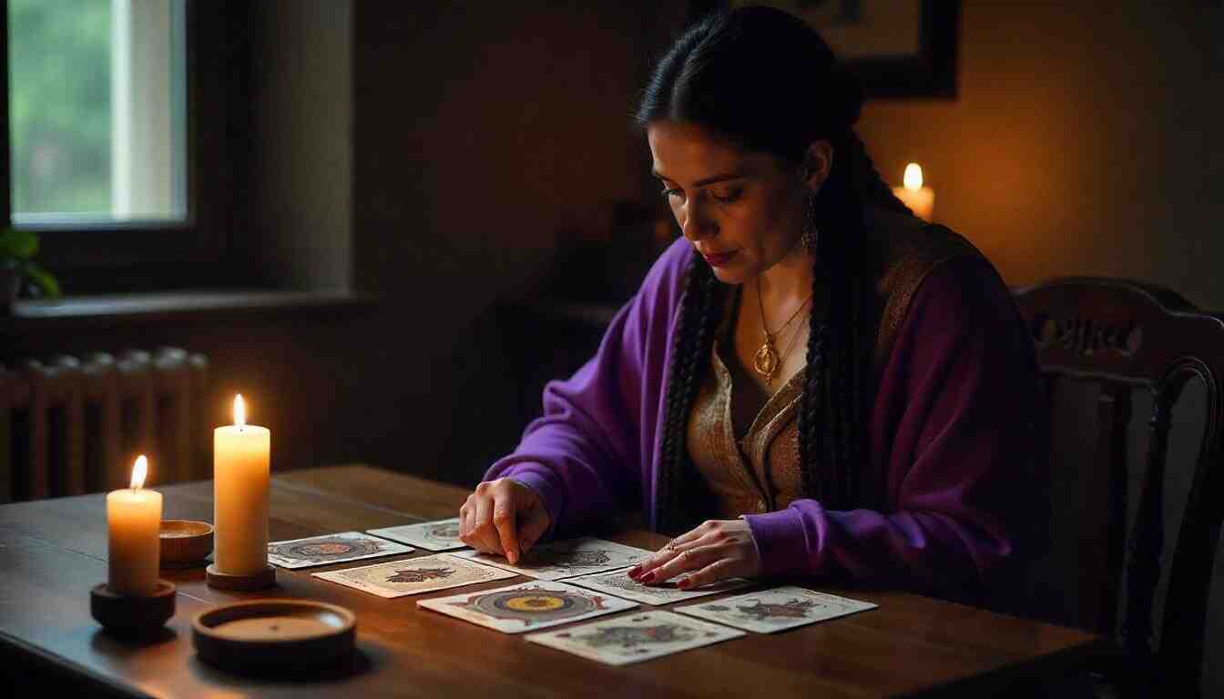 persona realizando una prediccion con cartas del tarot y con los ojos cerrados