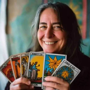 vidente mujer con cartas abiertas sujetandolas con las manos